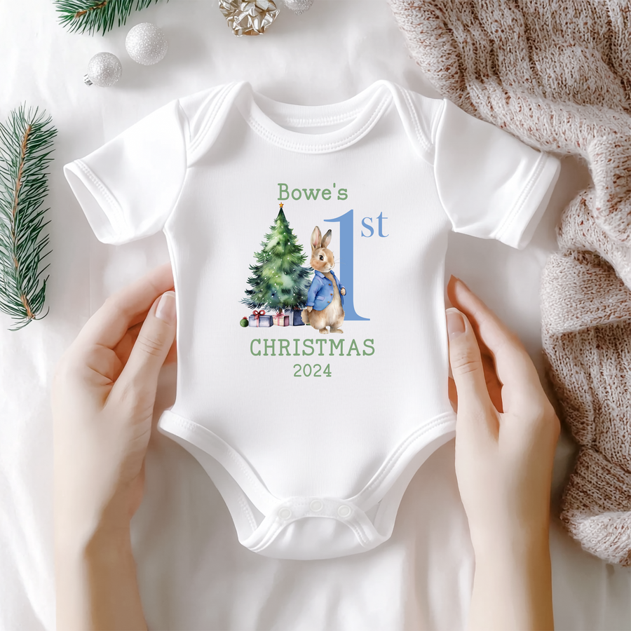 Custom Baby Boy First Christmas Peter Rabbit Bodysuit