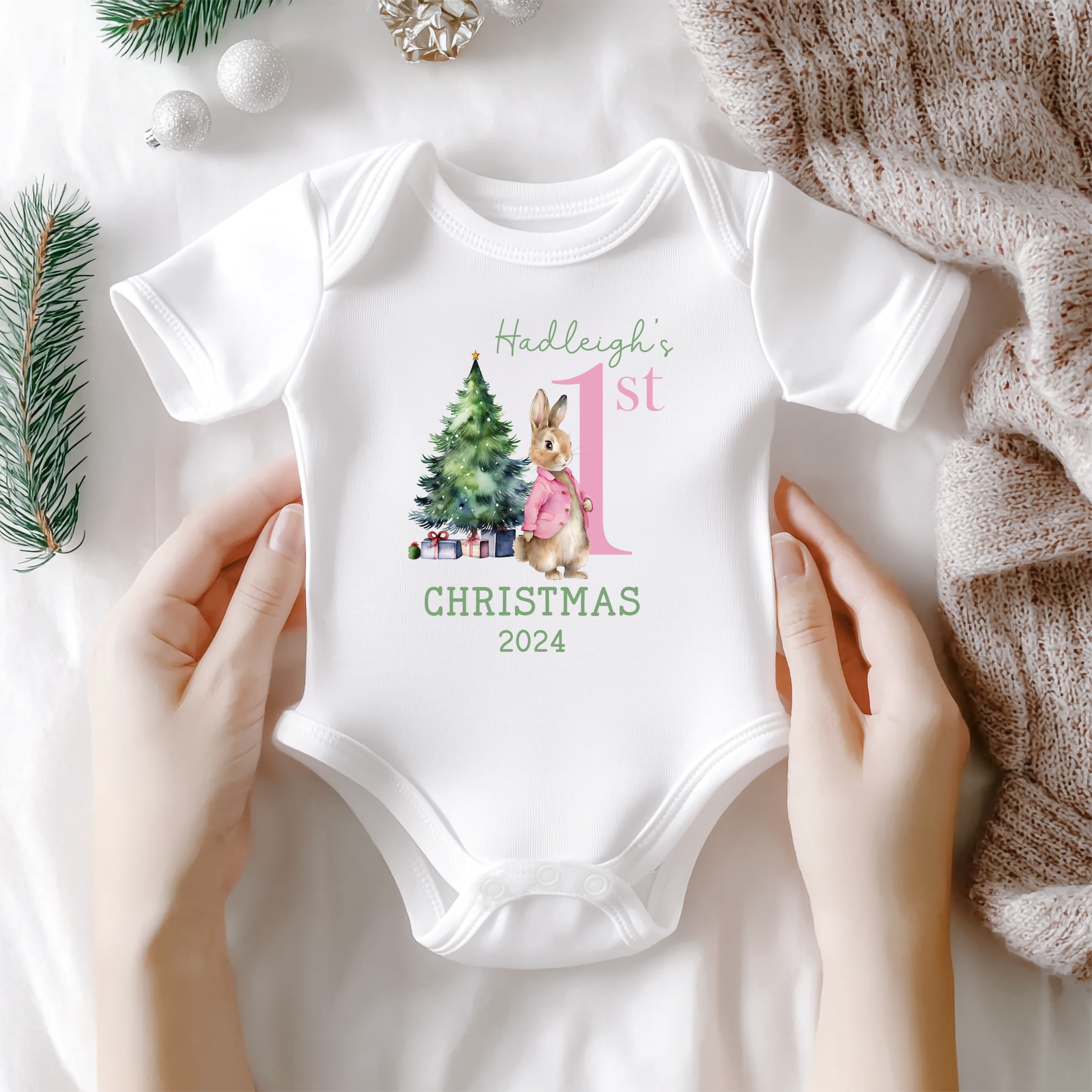 Custom Baby Girl's First Christmas Flopsy Rabbit Bodysuit